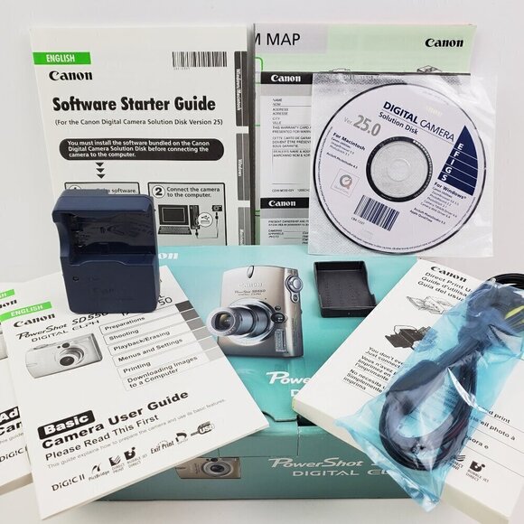 Canon PowerShot SD550 Digital Elph CB-2LU Charger Manuals, Box, Disc *No Camera* - Picture 1 of 12
